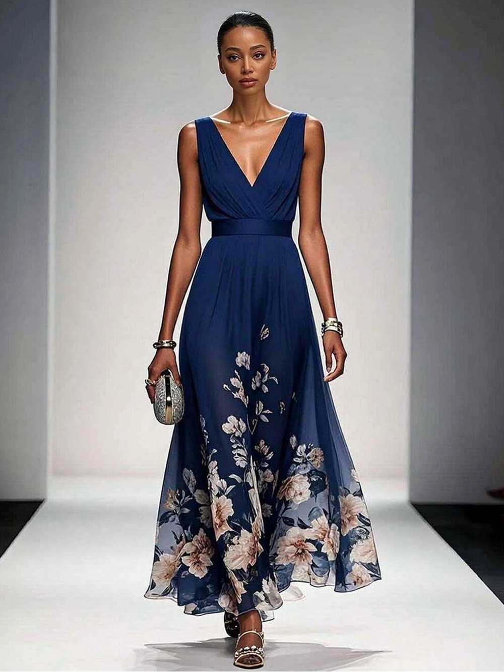 FEHAUTE Elegant Navy Floral V-Neck Maxi Dress 6